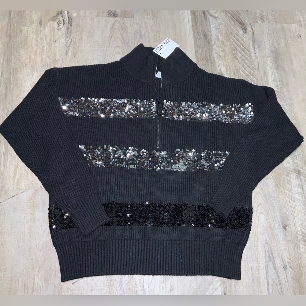 (Bin 7) Nine West, Black Sweater w/ Gradient Sequin Stripes, Size M